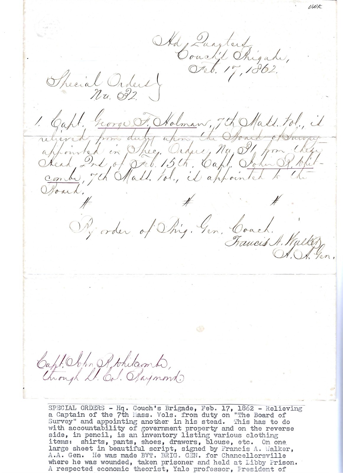 2/17/62 Couch's Brigade Doc Replacing Officer 7th Mass, Signed by BBG Walker