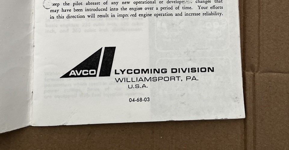 Vintage AVCO LYCOMING "DIRECT DRIVE ENGINE OPERATION" INFORMATION Manual Booklet