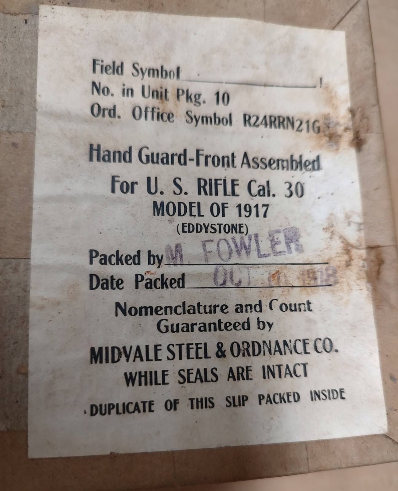 Original 1918 WWI U.S. Army M1917 Eddystone Rifle Walnut Handguard NOS From Box