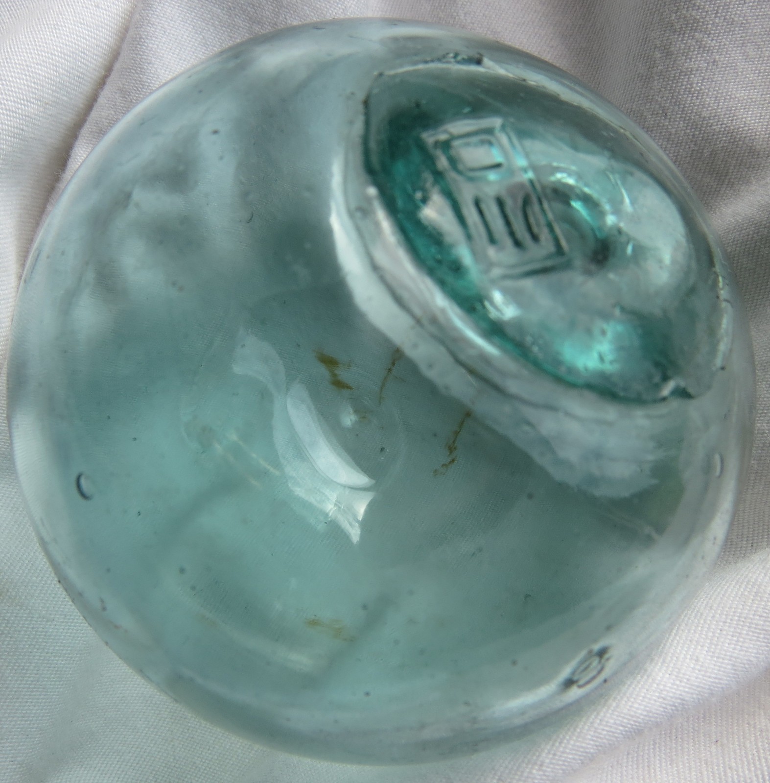 Japanese Blown Glass FLOAT 2.5" Aqua WP Makers Mark #11 "river-mouth" Vtg USA BZ