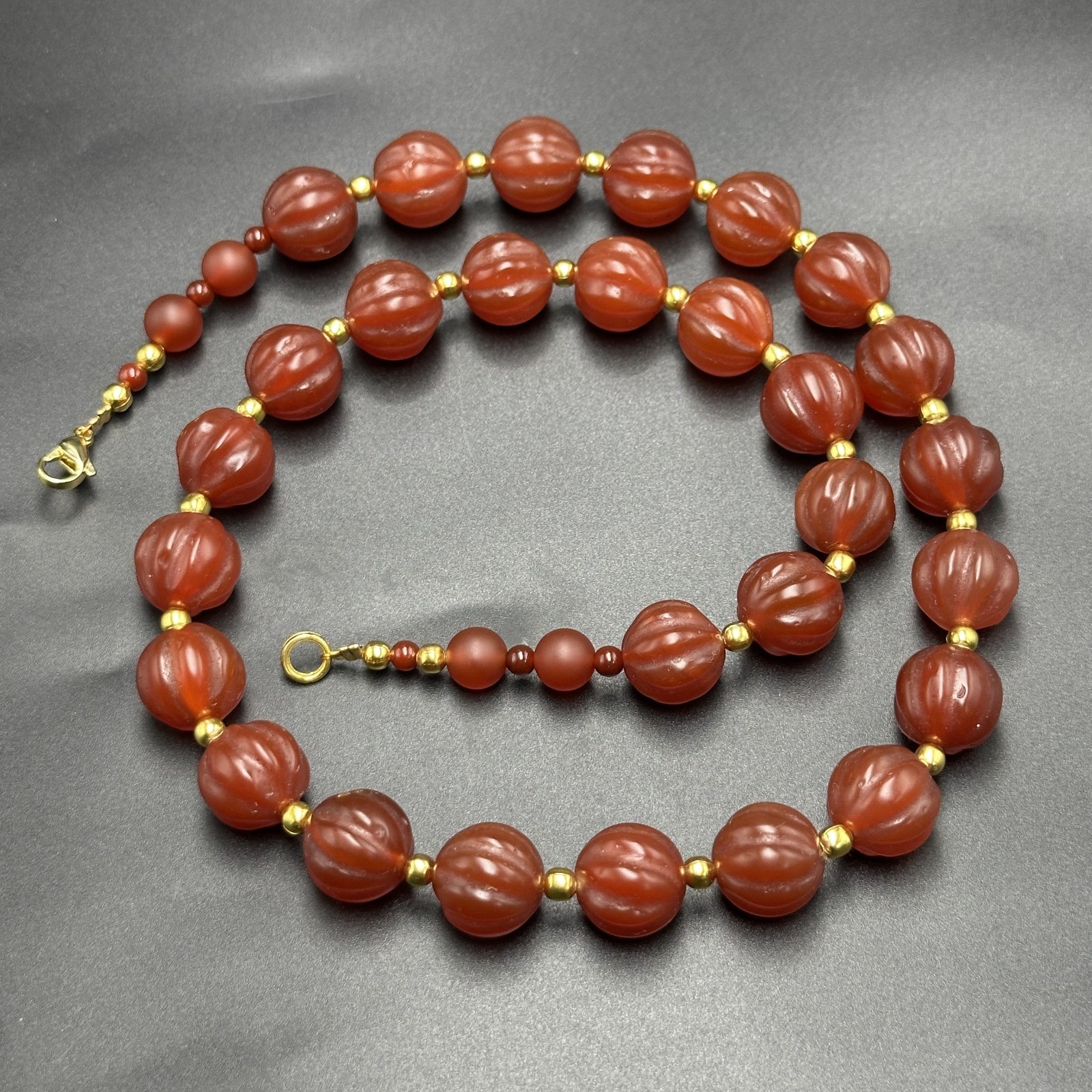 Vintage Himalayan Tibetan Carnelian Carved Agate Melon Shape Beads Necklace