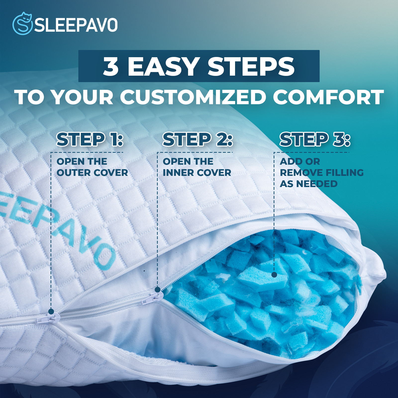 Sleepavo Adjustable Shredded Memory Foam Pillow, Firm & Cooling (Queen, 1 Pack)