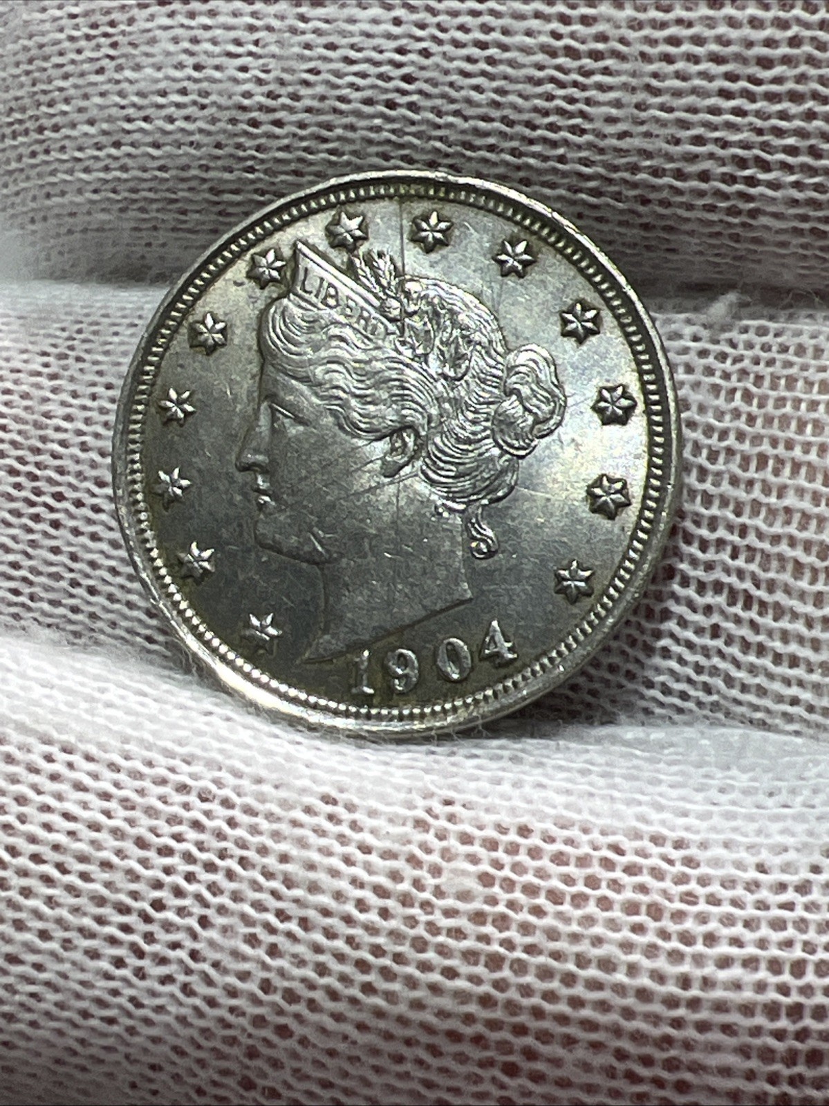 1904 Liberty V Nickel. UNC Detail. Scratches.  Nice High Grade Old US Coin!