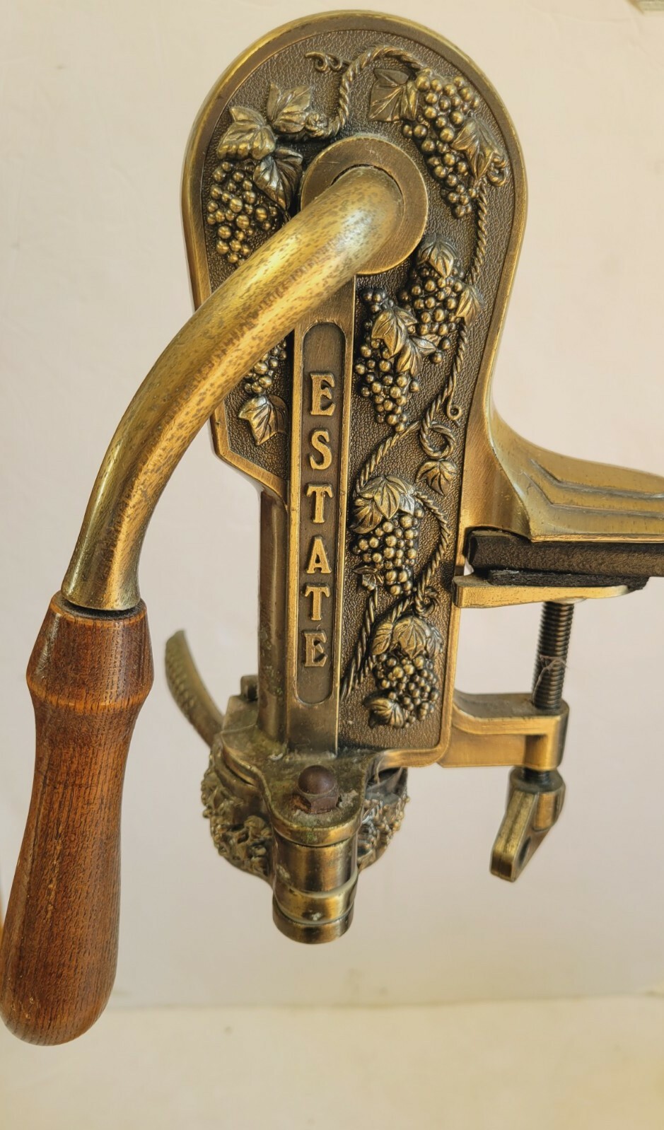 Rogar Estate Antique Brass Table Top Wine Bottle Opener w/ Wood Stand Corkscrew