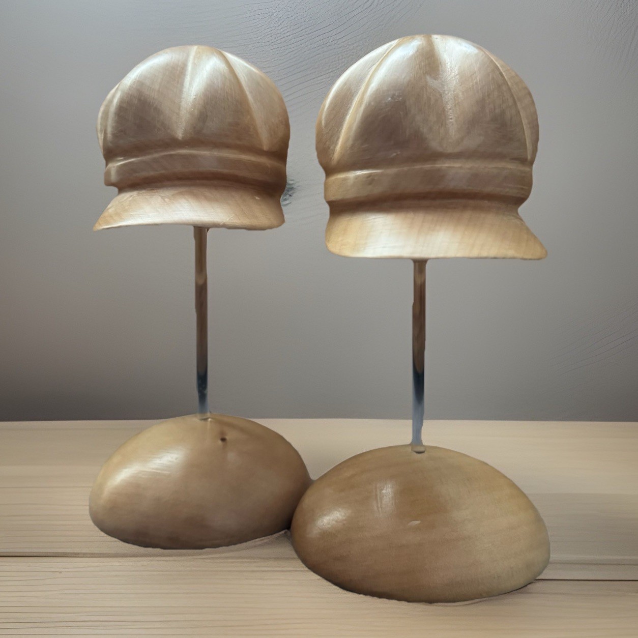 Set of 2 BINI FIRENZE  7.5" Wood Hat Sculptures & Base Glass Stand ITALY -CUTE!!