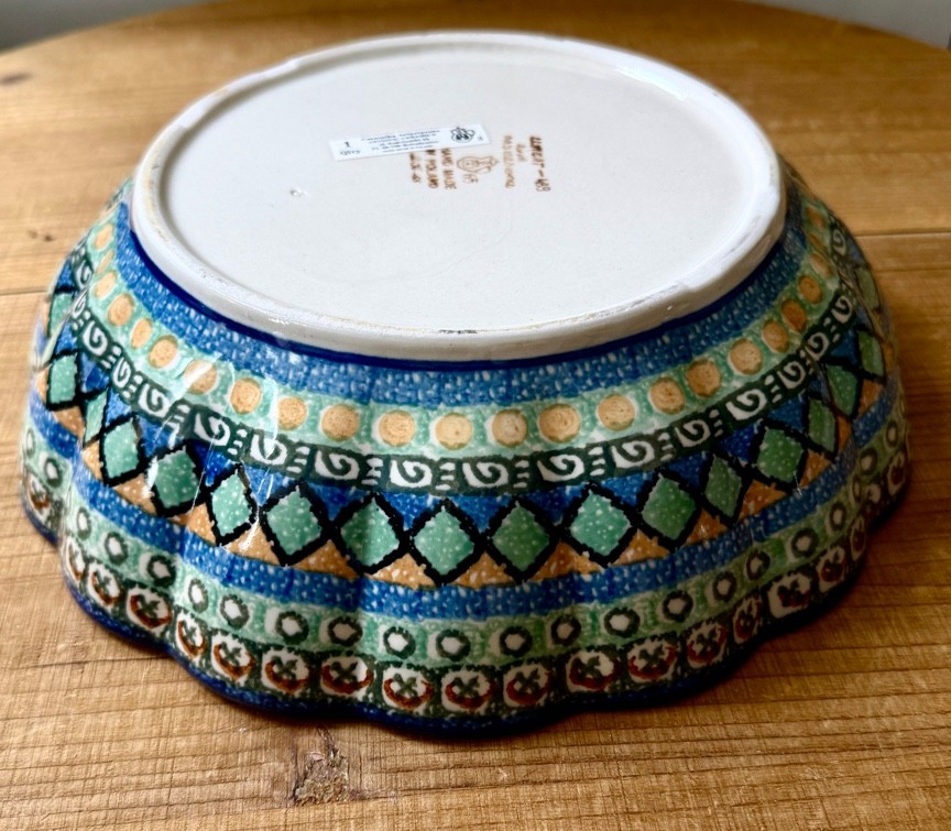 1999 Polish Pottery Fluted Bowl 11" Ceramika Artystyczna Multi-Color UNIKAT