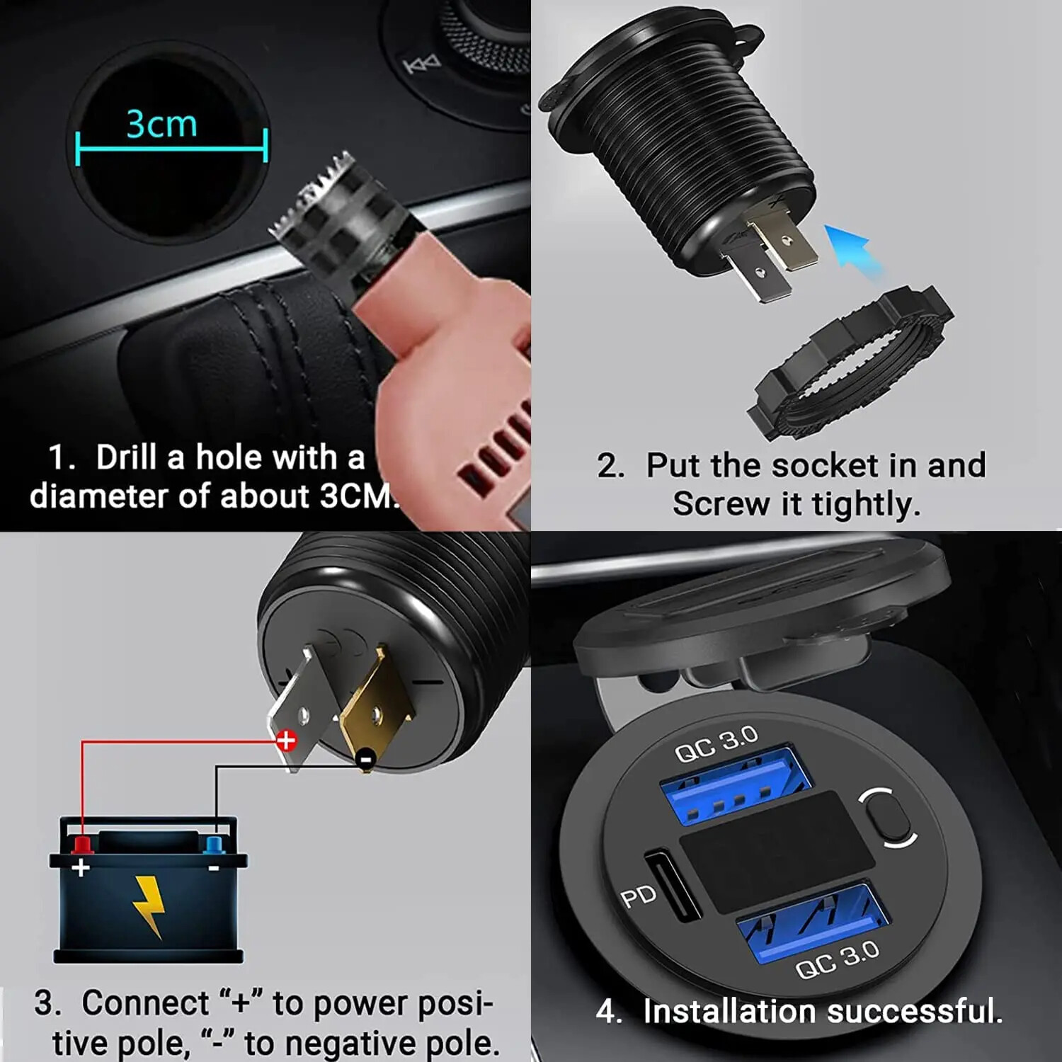 12V-24V PD + QC3.0 Dual USB Car Fast Charger Power Socket Outlet LED Voltmeter