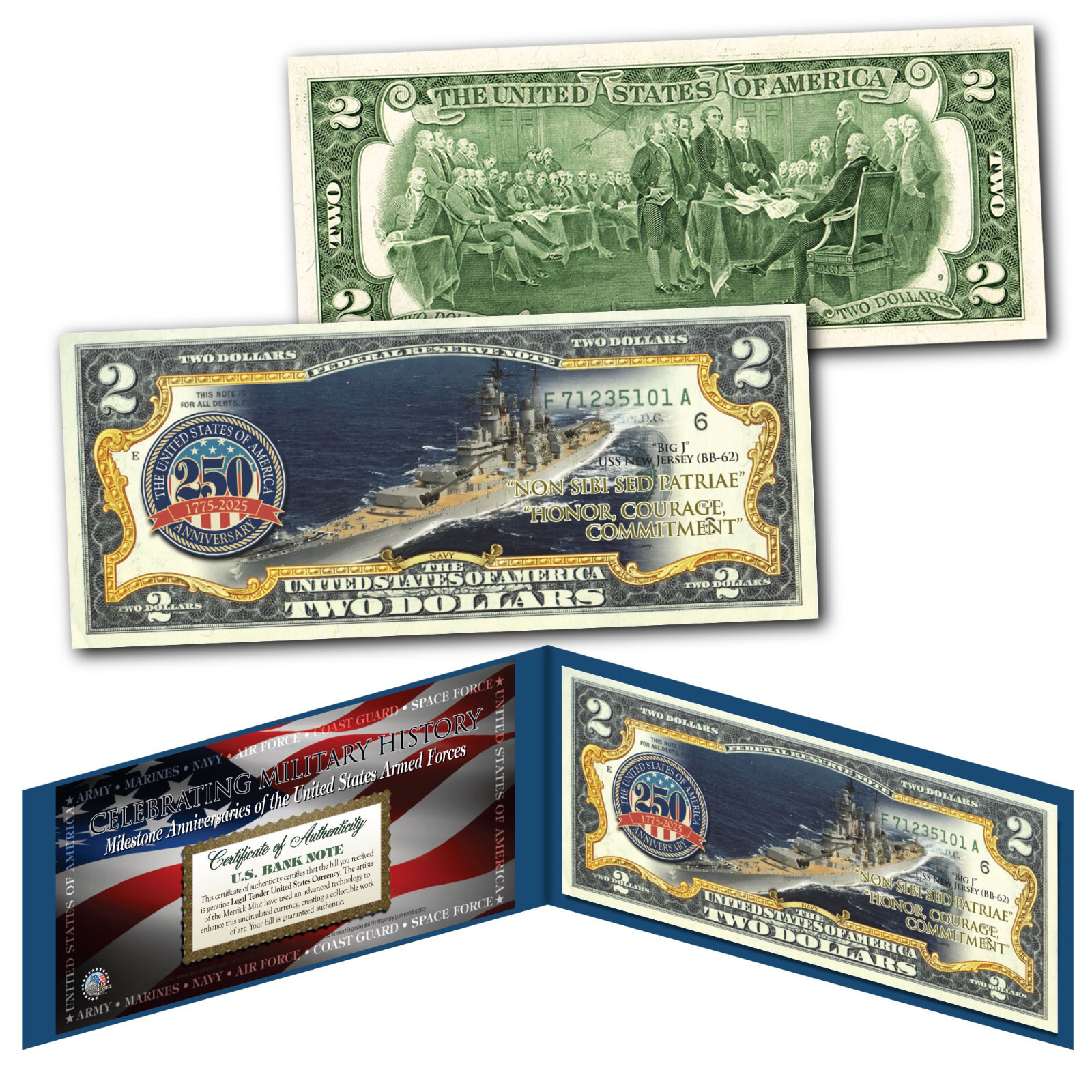 NAVY 250th ANNIVERSARY Milestones of the U.S. Armed Forces Genuine U.S. $2 Bill
