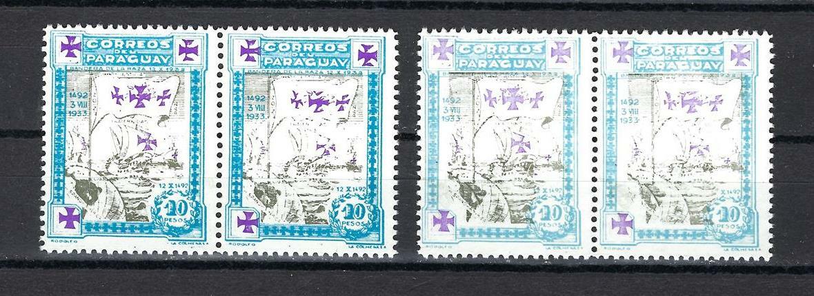 Paraguay 1933 Sc# 330 Columbus 2 shades Caravels Three crosses pairs MNH