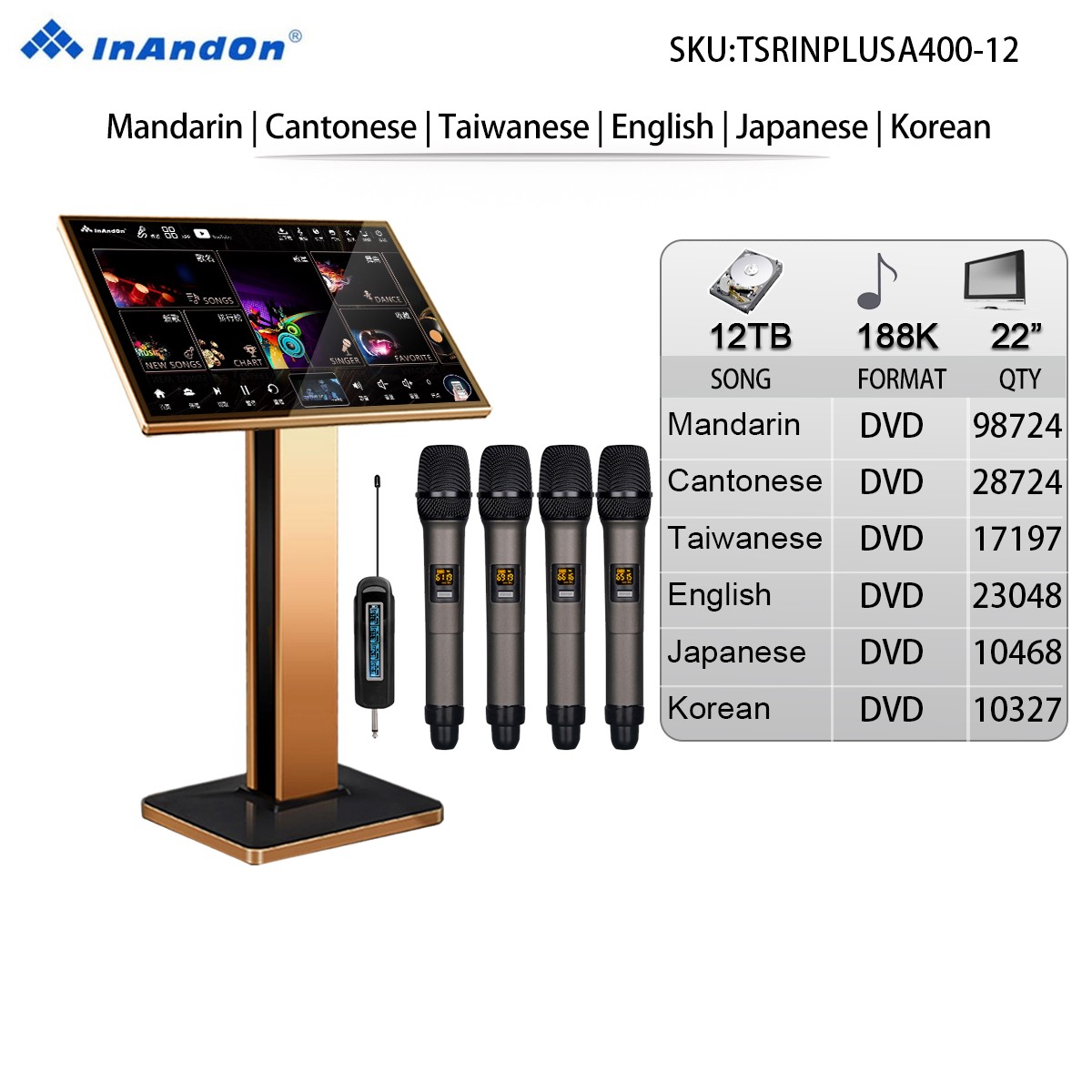 TSRINPLUSA400-12TB 188K 22" MIC INANDON Karaoke Player Machine 22" Touch Screen