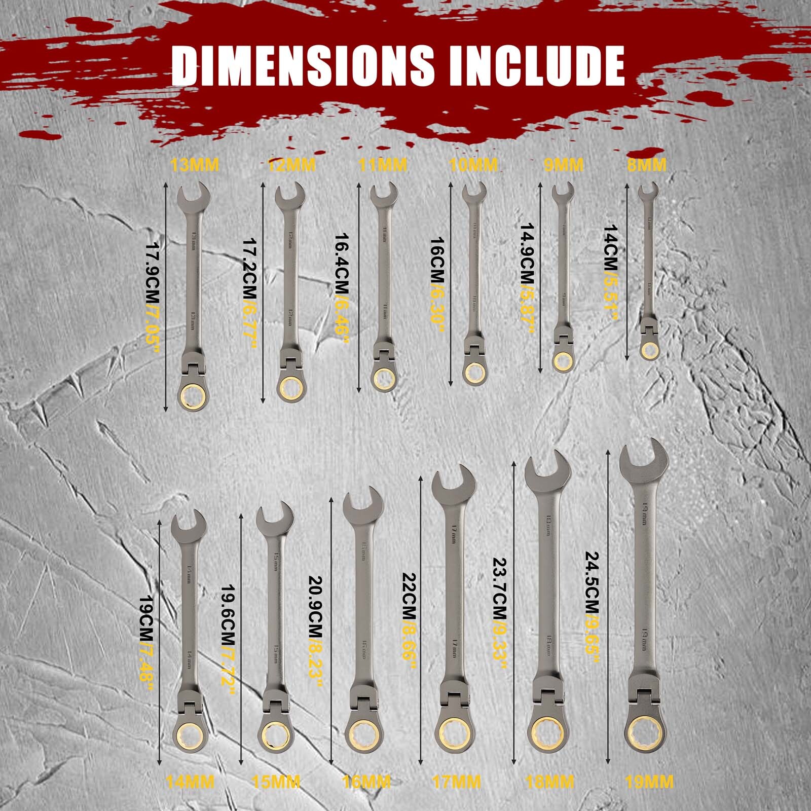 12PCS Metric Flex Head Ratcheting Wrench Set 8-19mm 72-Tooth Ratchet Combination