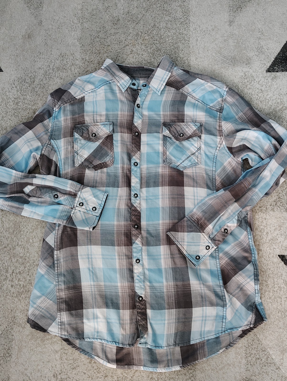 Cowboy Rodeo Pearl Snaps BKE Blue & Gray PLAID Mens Shirt (XL) Country Boy