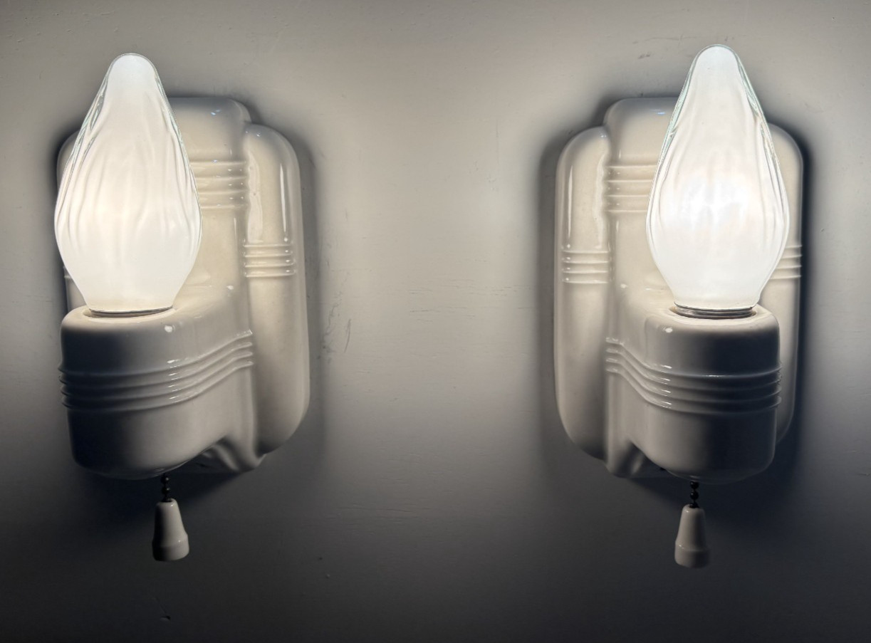 Vtg Porcelain Sconce Light Pair Paulding Ceramic Wall Fixture Art Deco USA #L59