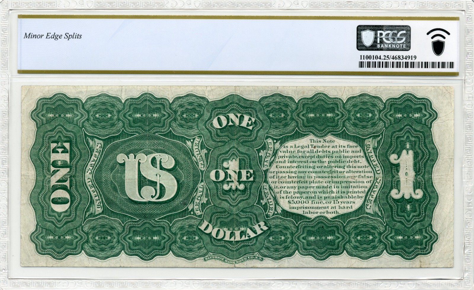 1869 $1 US Note - Legal Tender RAINBOW NOTE - Very Fine, PCGS VF25