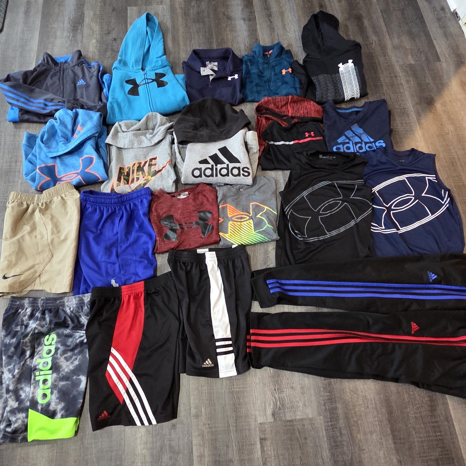 21 Pc NIKE UNDER ARMOUR ADIDAS Boy's Size 7 Lot Of Shorts Shirts Pants Jkts EUC