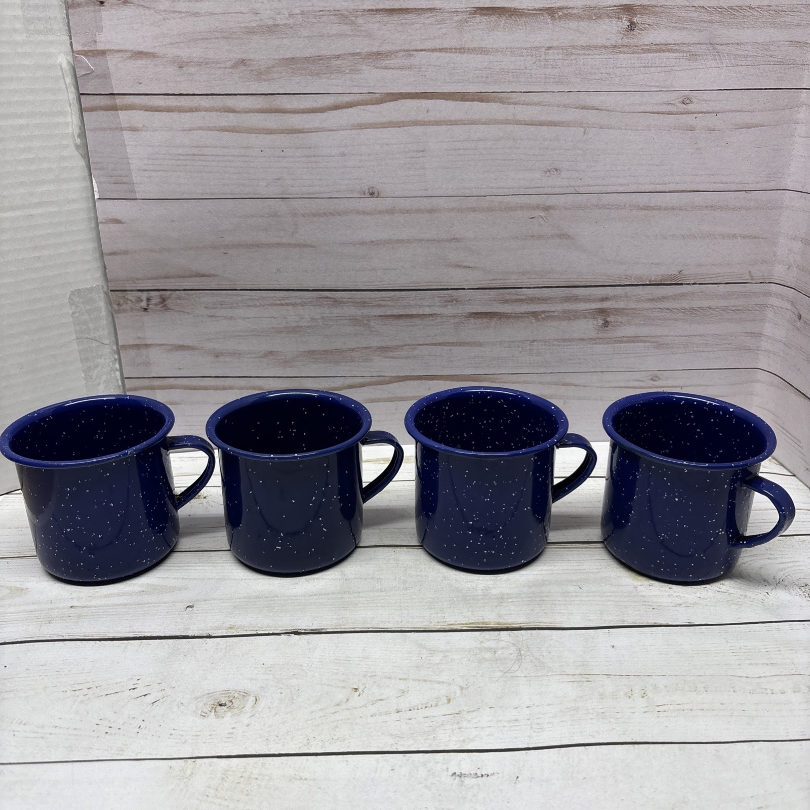 Blue Enamelware tin Set Of 4 Cups Mugs 1 Missing Some Enamel Camping Or Home Use