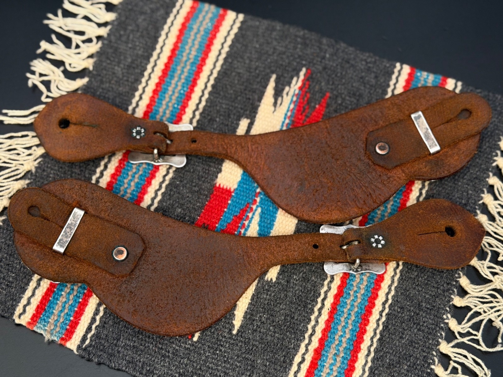 BEAUTIFUL Leather Spur Straps w/ “Sterling” Marked Conchos & “Keyston” Buckles