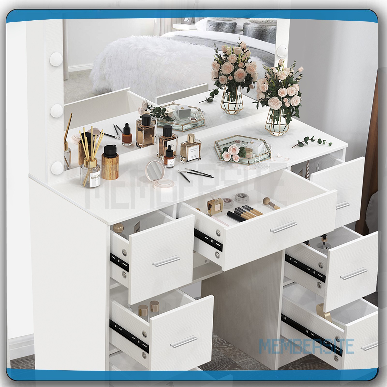 NEW Vanity Desk Makeup Table With Large LED Mirror And 7 Drawers Dressing Desk