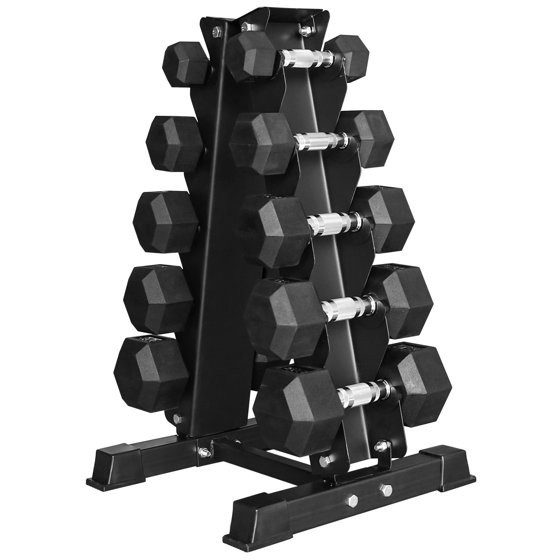 150LB Coated Hex Dumbbell Weight Set and A-Frame Storage Rack, 5-25 lbs Pairs