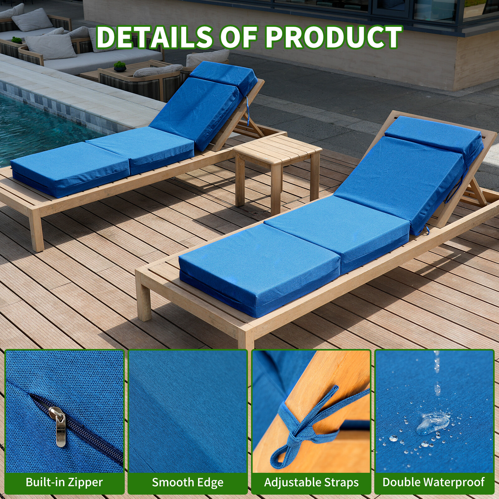 NAIZEA Chaise Lounge Cushions Outdoor Set of 2 Waterproof with Removable Cover