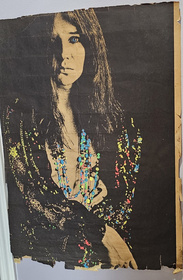Vintage Janis Joplin Black & White Poster Altered Hand Painted Blacklight Paint