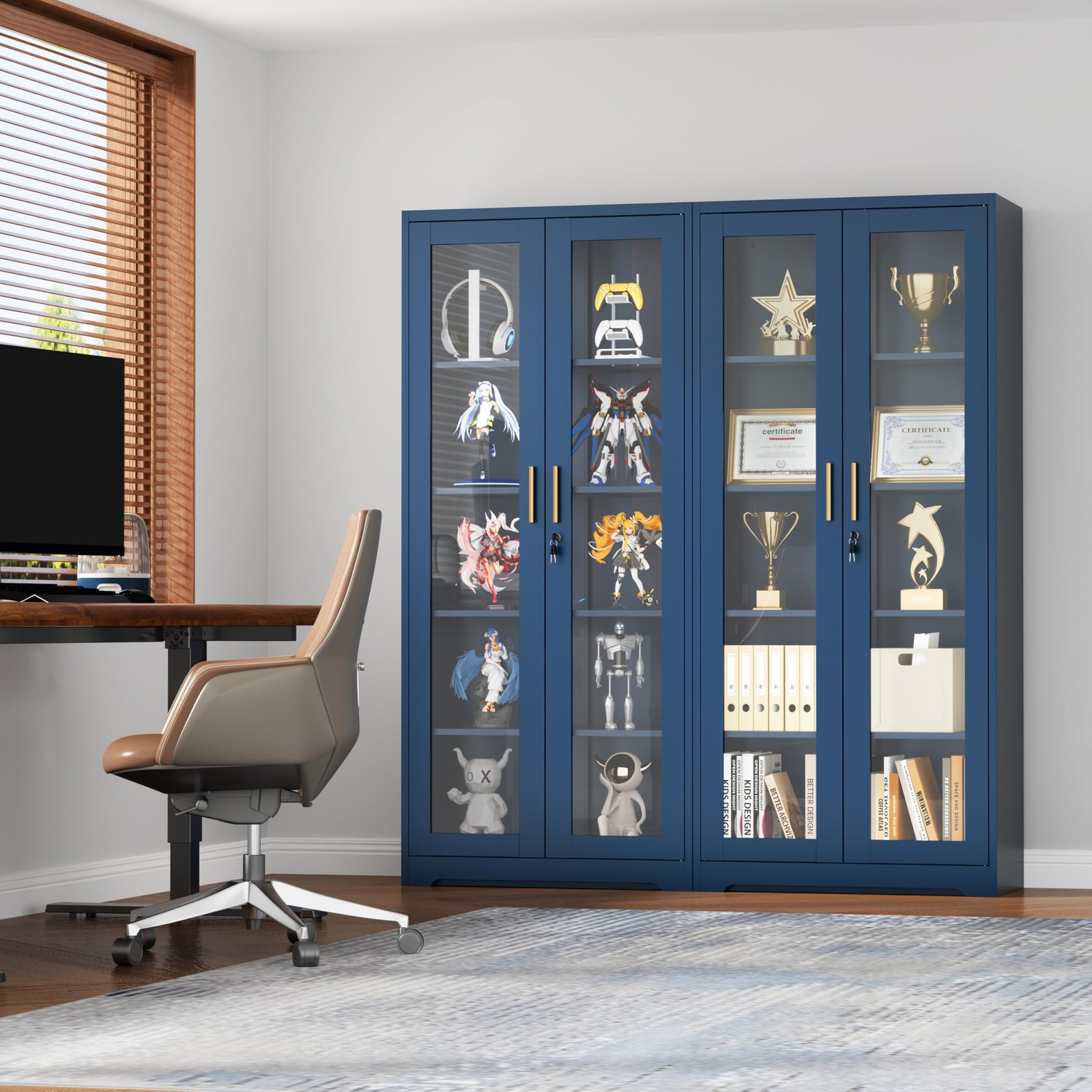 Liquor Bookcase with Doors 4 Adjustable Shelves Lockable Display Cabinet Blue