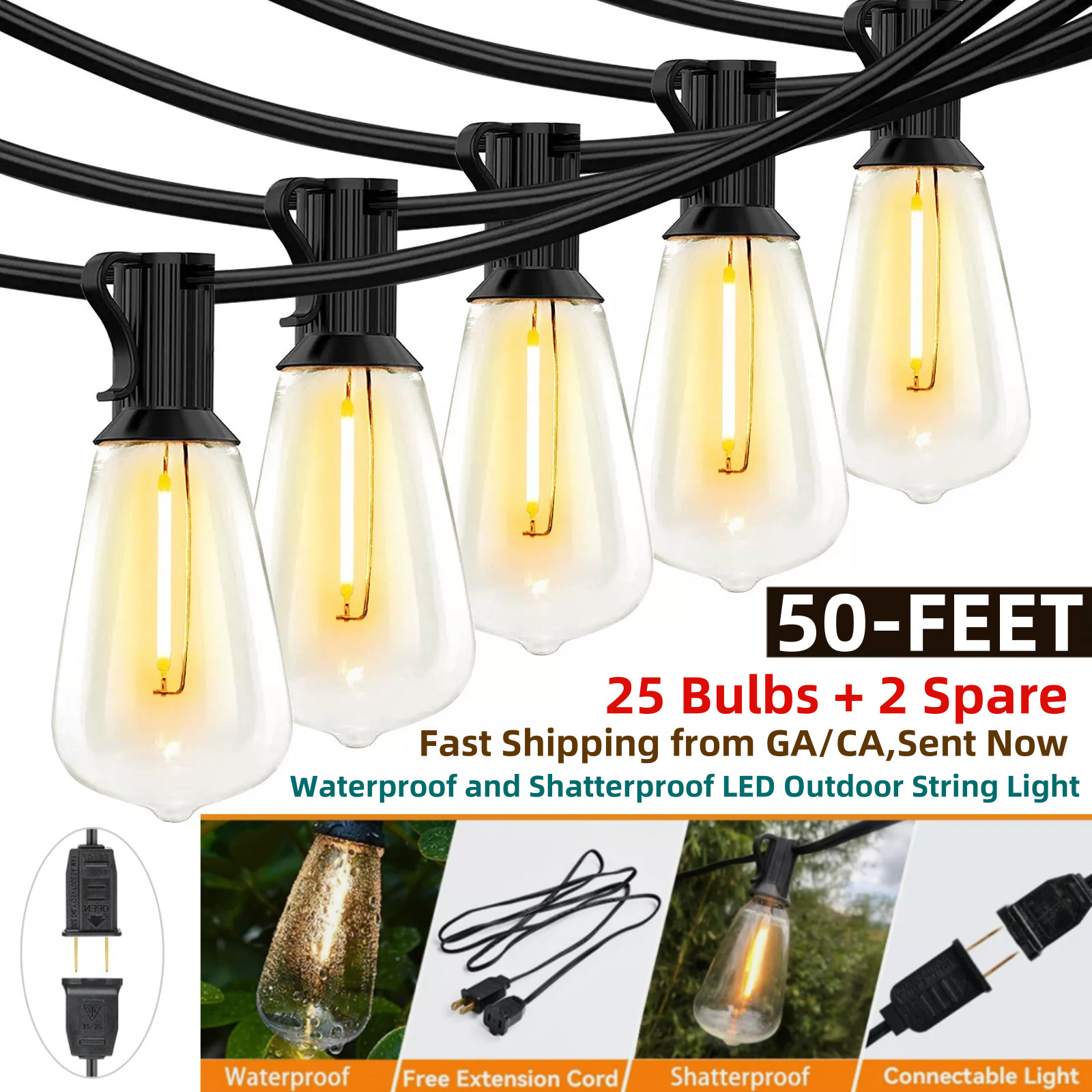 50FT - 800FT LED Outdoor String Lights Dimmable Waterproof ST38 LED Patio Lights