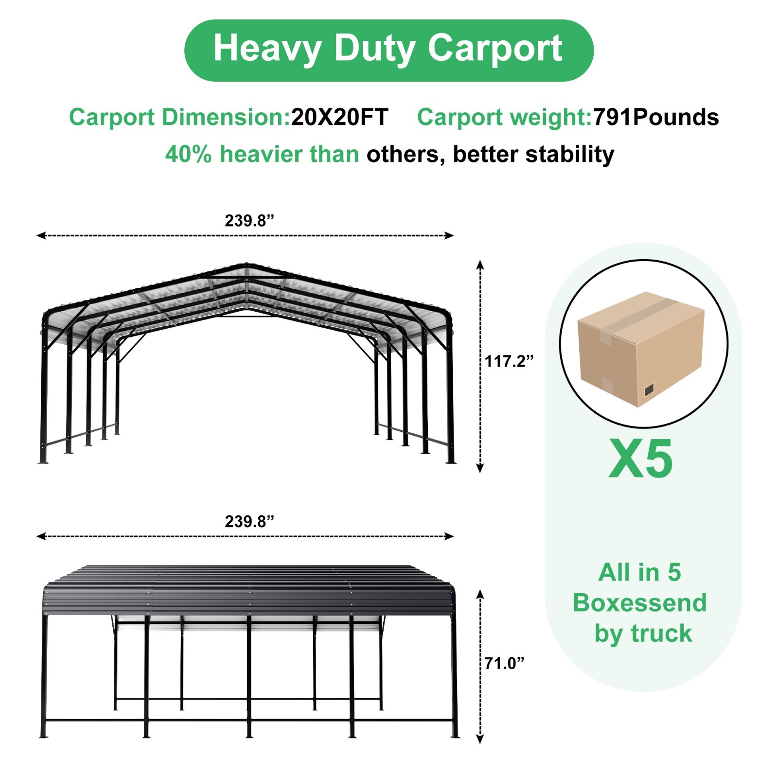 Heavy-Duty Metal Carport 20x20FT/12x20FT/10x15FT Outdoor Shelter for Car & Boat