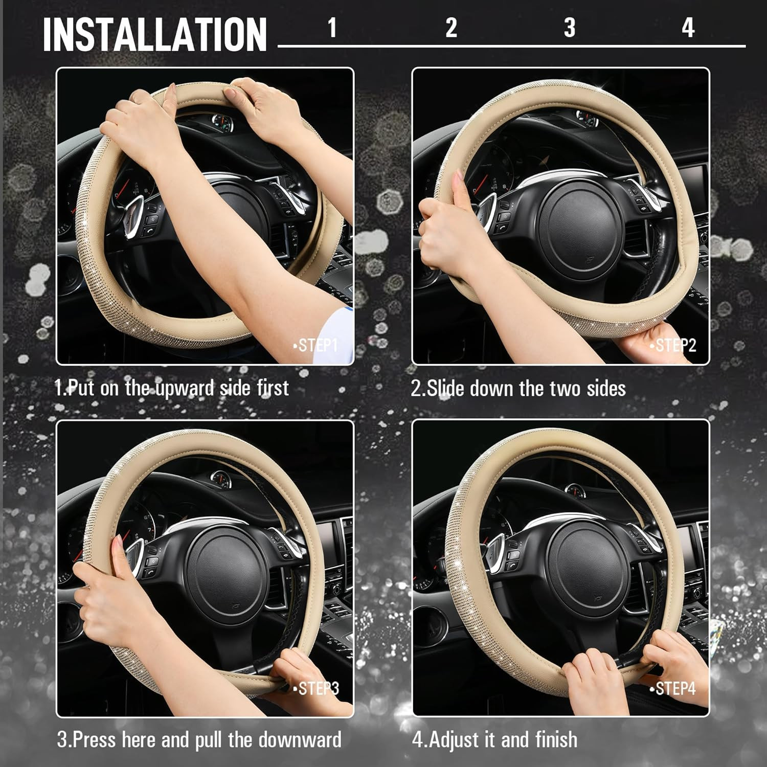 Bling Diamond Beige Leather Steering Wheel Cover, White Sparkly Crystal Glitter