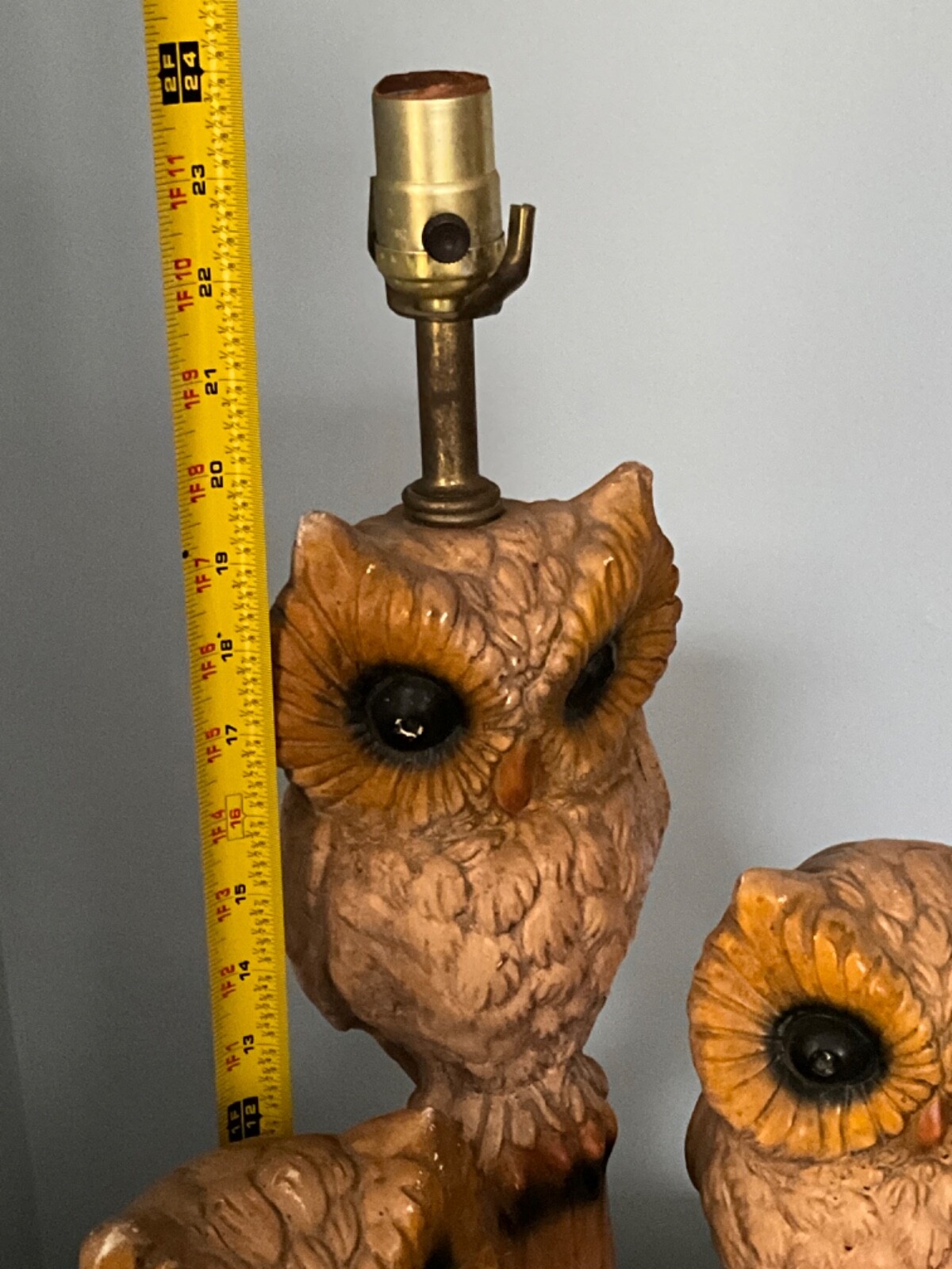 Old Vintage three Owls cabin Table Lamp 2’ tall with ashtray chalkware working