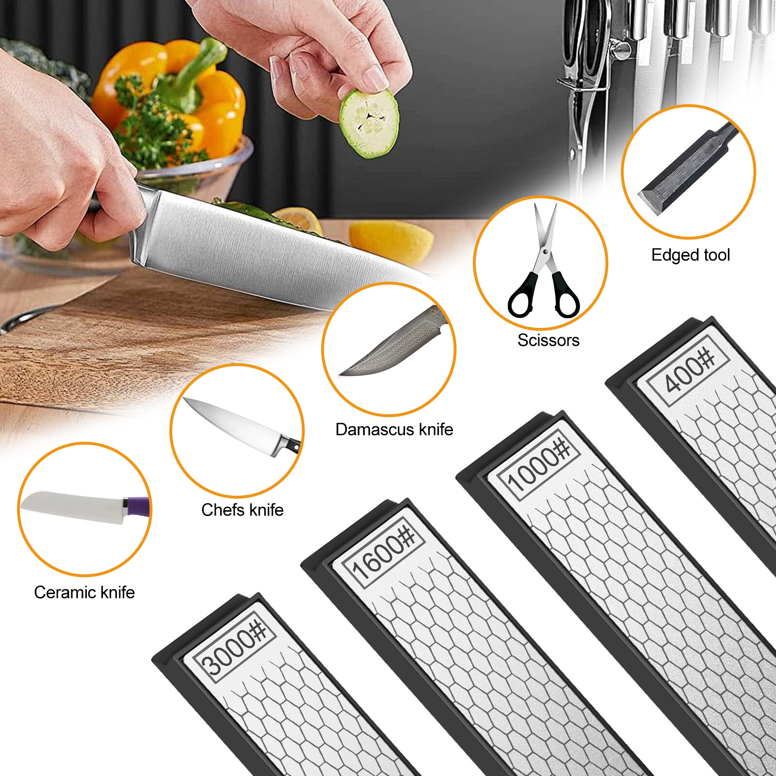 4PCS Diamond Sharpening Stone Set 400 600 1000 3000Grit Knife Chisel Sharpener