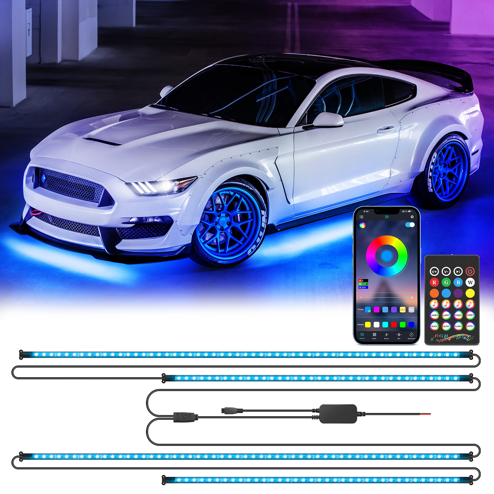 MICTUNING RGB LED Strip Under Car Tube Underglow Underbody System Neon Light Kit