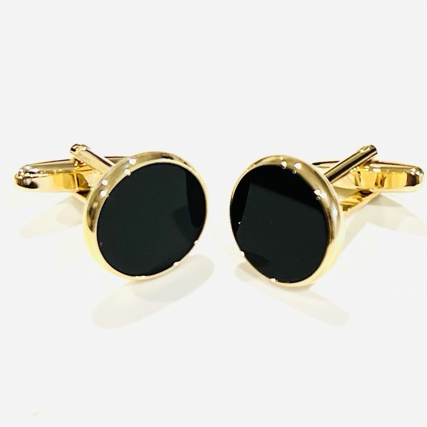 Gold Rim Round Onyx Daily Wear Cufflinks Men Birthday Gift Cuff Link With Box