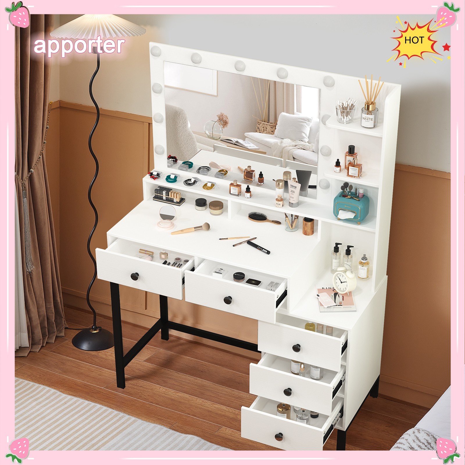 11 Led Lights Makeup Desk Set With Mirror Dressing Dresser Table White Vanity