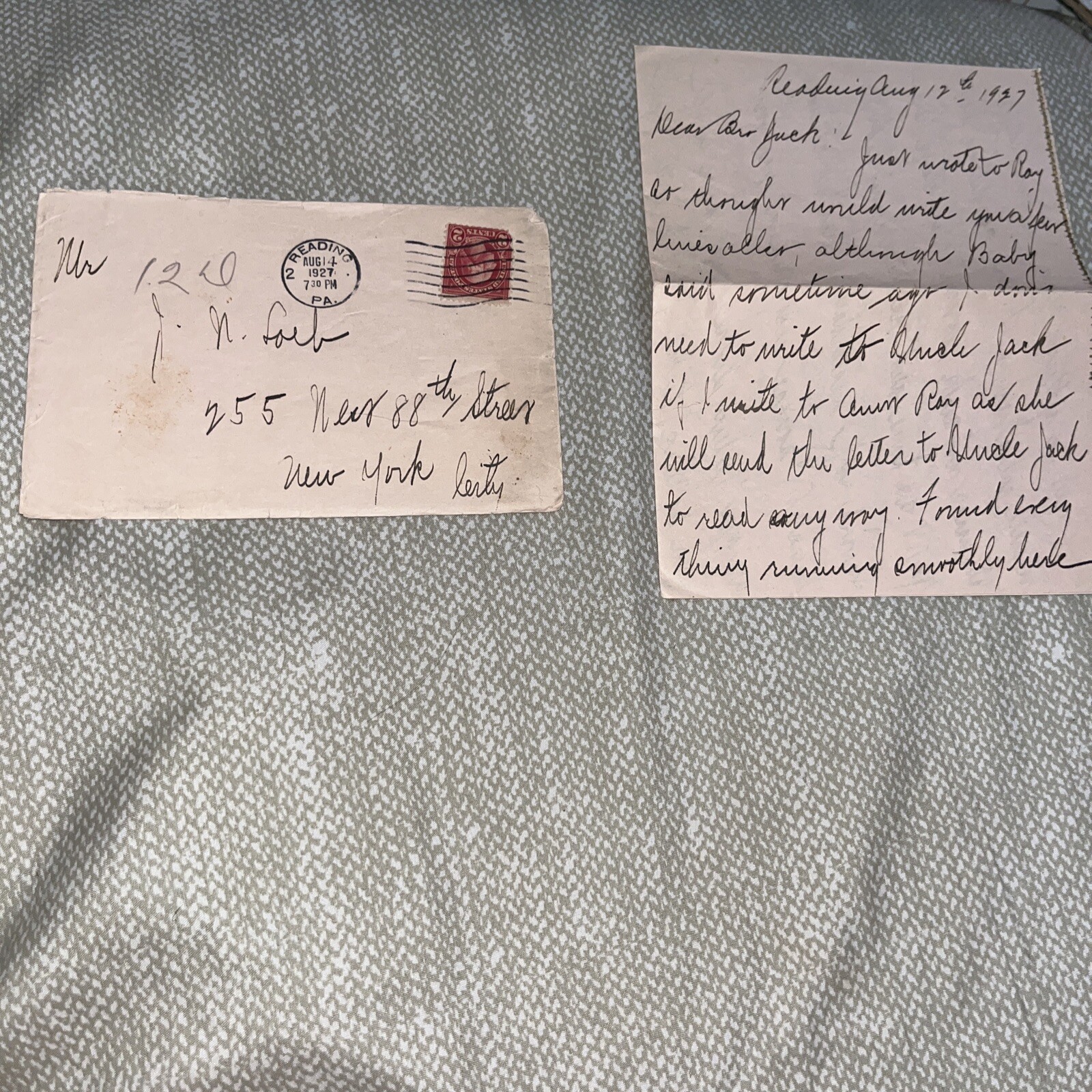 Antique 1927 Letter from Reading PA Pennsylvania to New York City NY