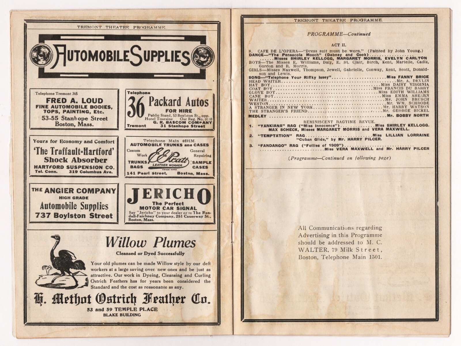 Fanny Brice (Debut) "ZIEGFELD FOLLIES of 1910" Bert Williams 1911 Boston Program