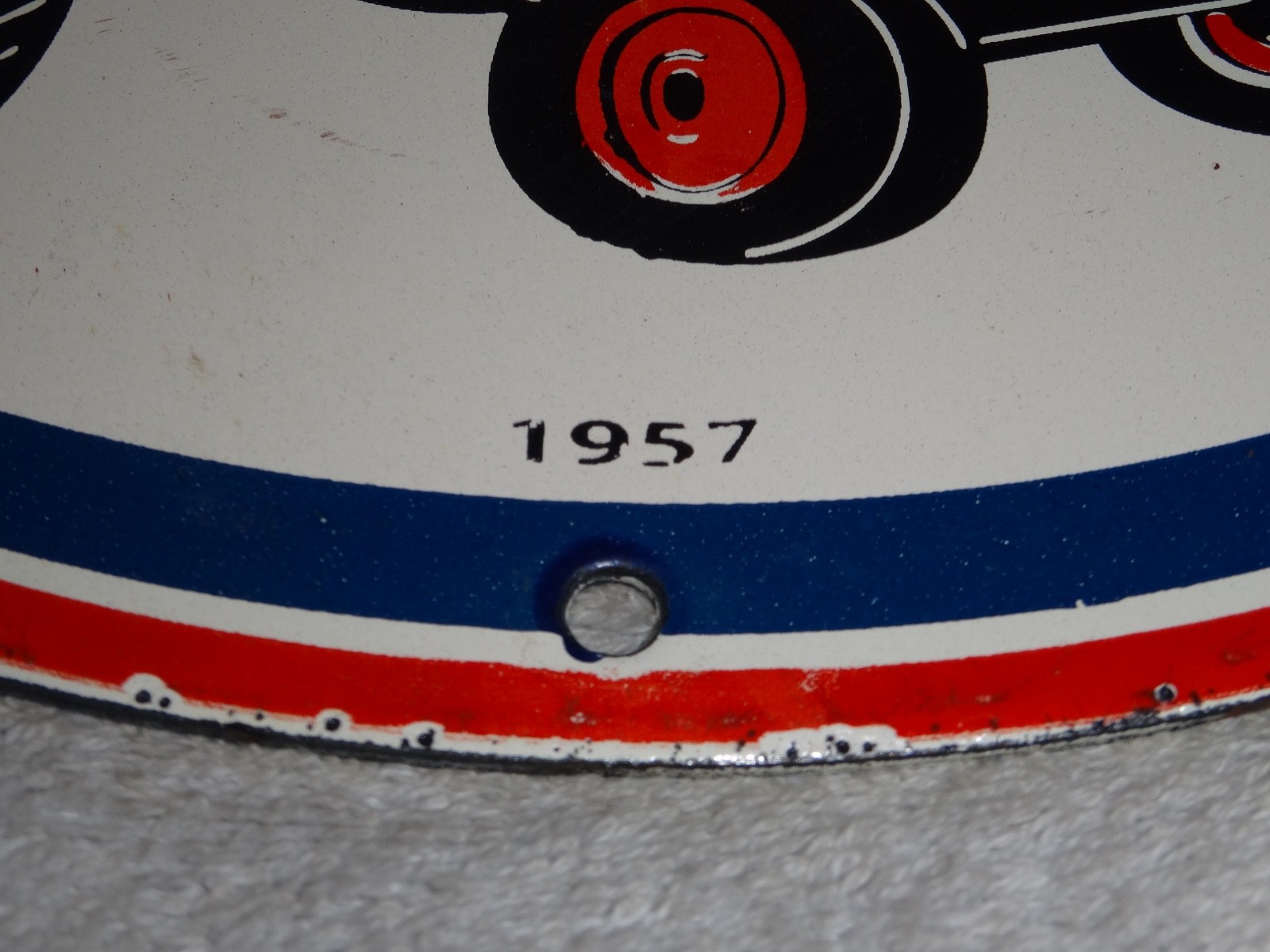 VINTAGE 1957 ESSO FARM OIL DROP BOY GIRL 11 3/4" PORCELAIN TRACTOR GASOLINE SIGN