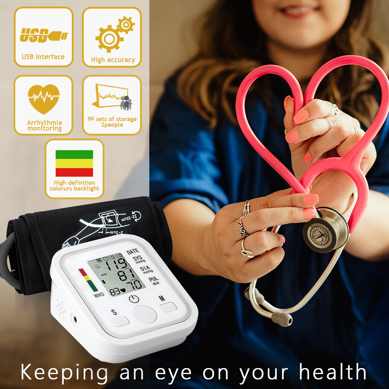 Automatic Upper Arm Blood Pressure Monitor Pulse Meter BP Machine Voice Talking