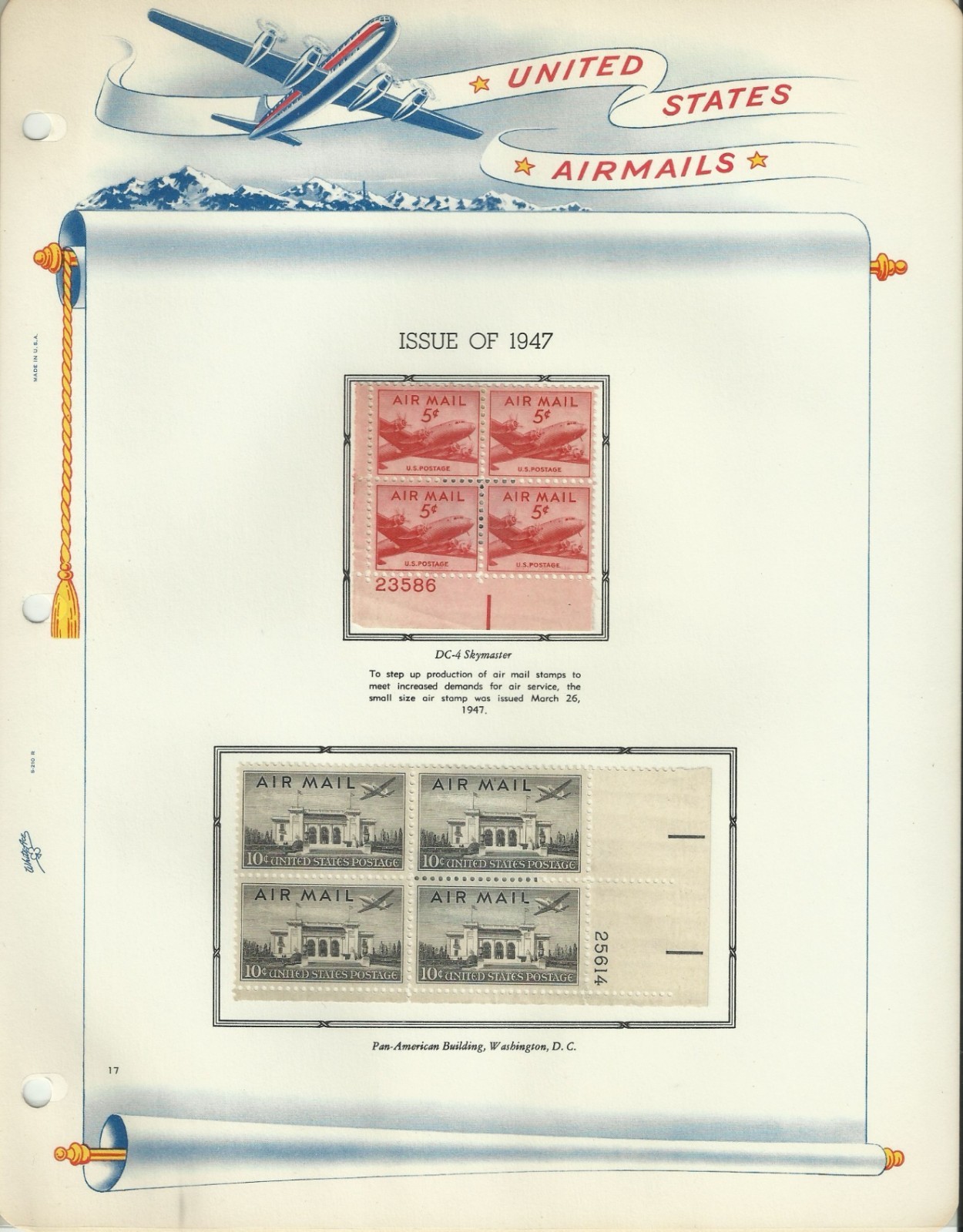 USA Stamps: Air Mail Plate Blocks & Singles on White Ace Album Pages. SCV $350+