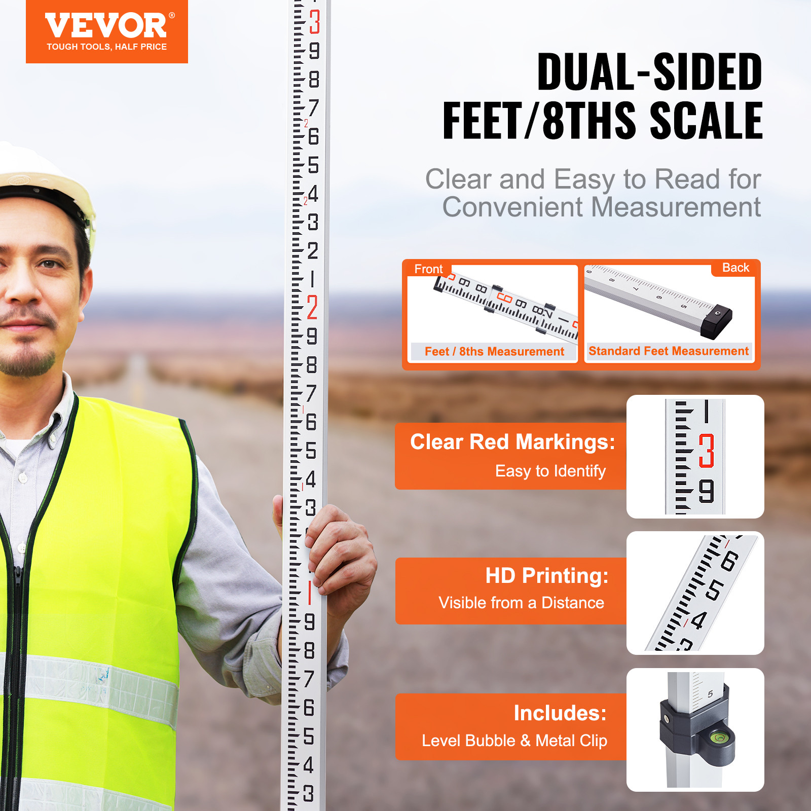 VEVOR Measuring Rod 9-Feet/10ths 3 Sections Telescopic Grade Rod 1/10ft w/ Bag