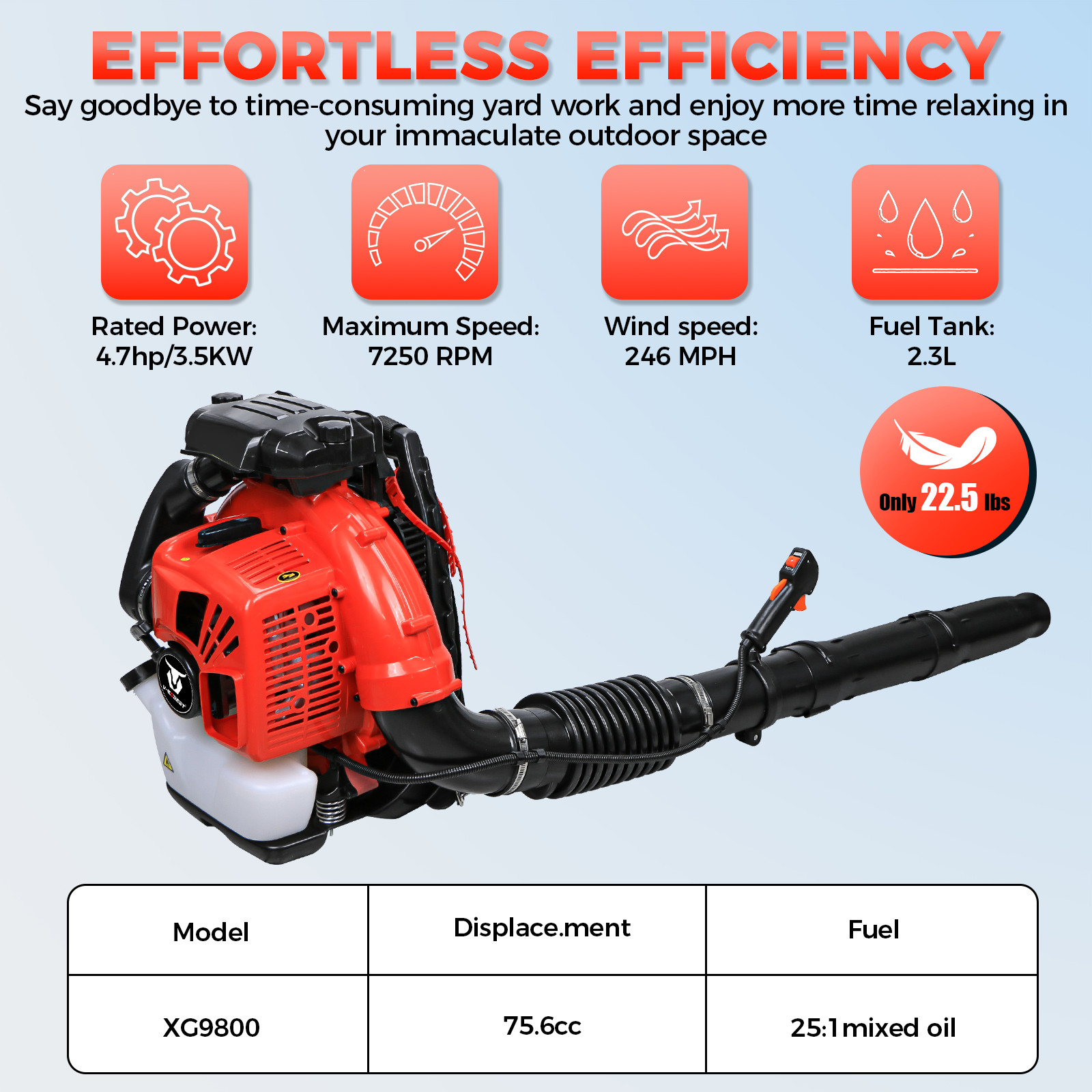 Commercial Backpack Leaf Blower Snow Blowers 75.6CC 2-Stroke Gas Powered 907CFM