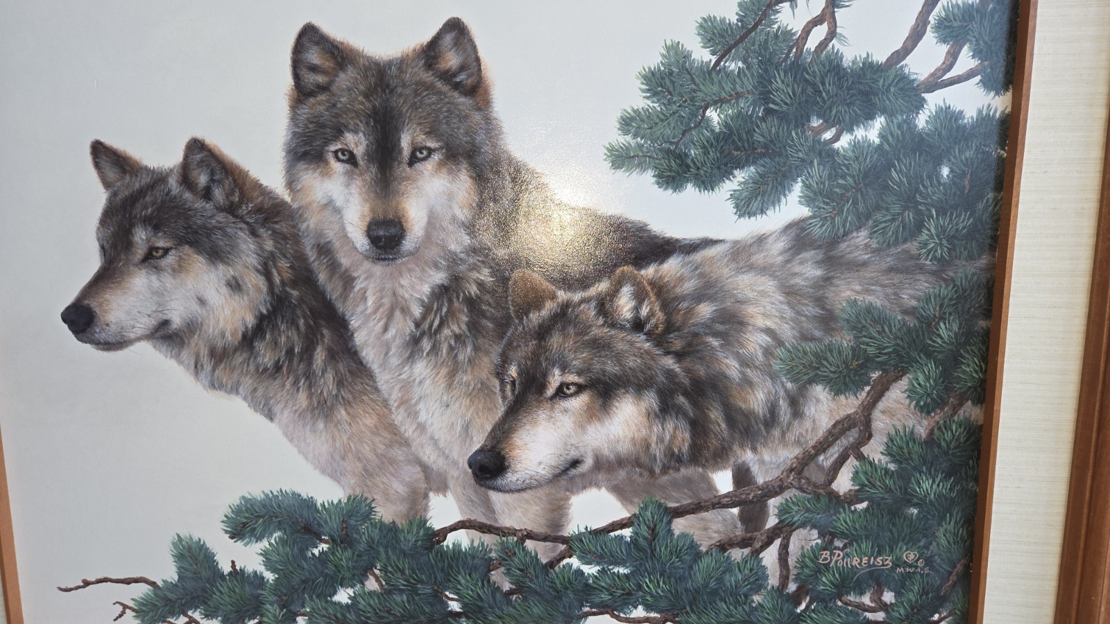BRENDA POLLREISZ ORIGINAL OIL PAINTING " GRAY SILENCE" WOLVES LARGE