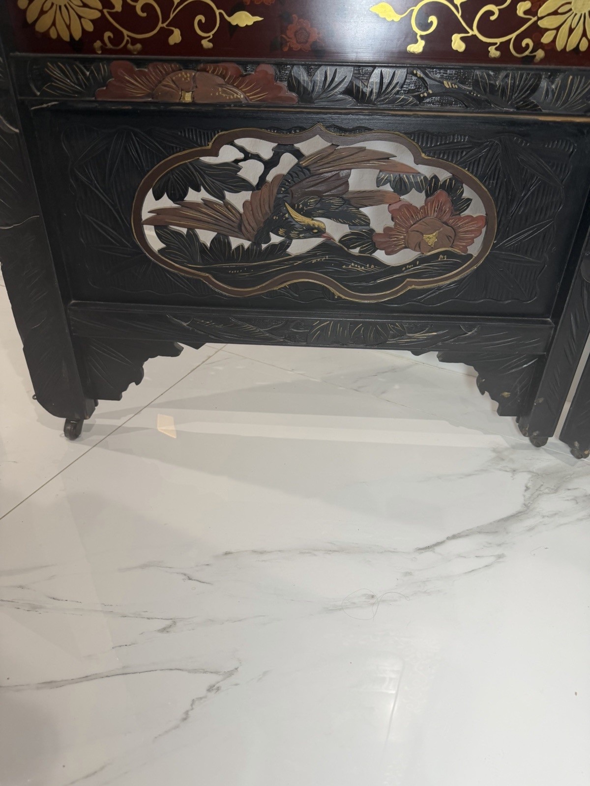 Asian Style Hand Painted Carved Wood Room Divider Birds & Flowers