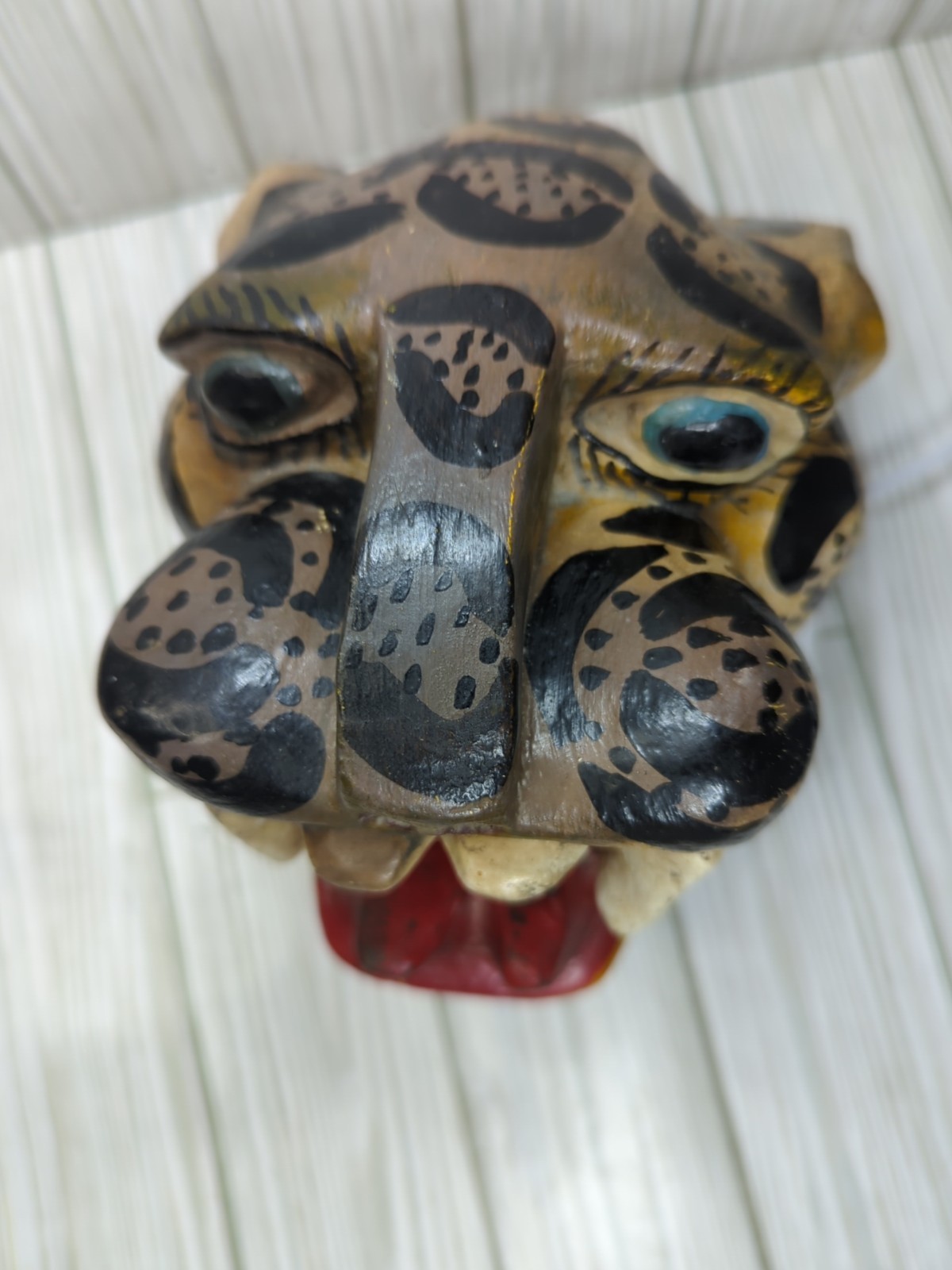 Mexican Nahua Folk Art Guerrero Carved Wood Cat Jaguar Animal Head
