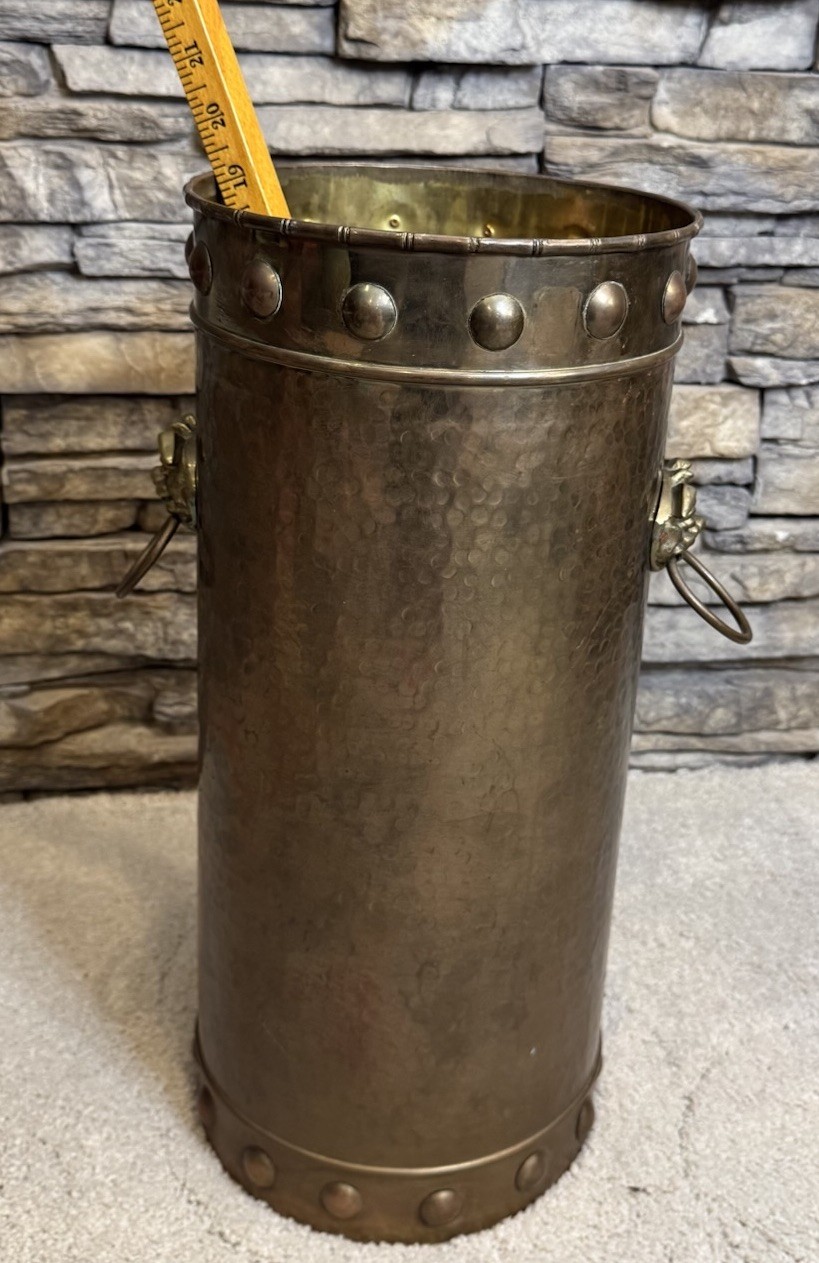 18" Tall Vintage Hammered Brass Umbrella Stand With Lion Head Handles Hong Kong