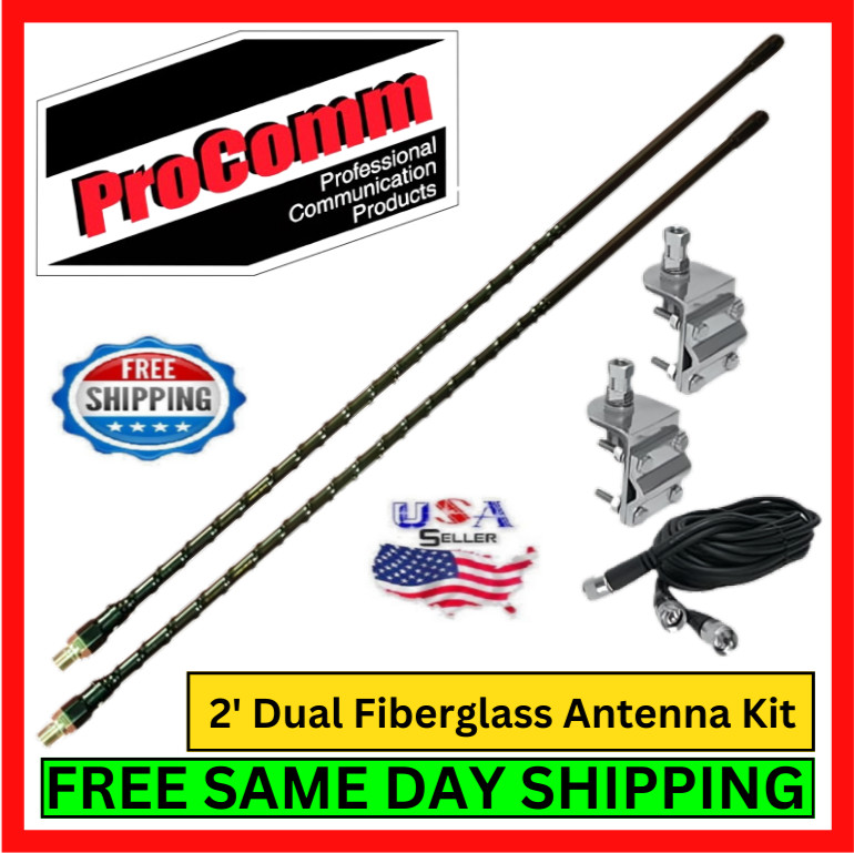 ProComm HSD995-2B 2' Dual Black Fiberglass CB Radio Antenna Kit w/ Mirror Mounts