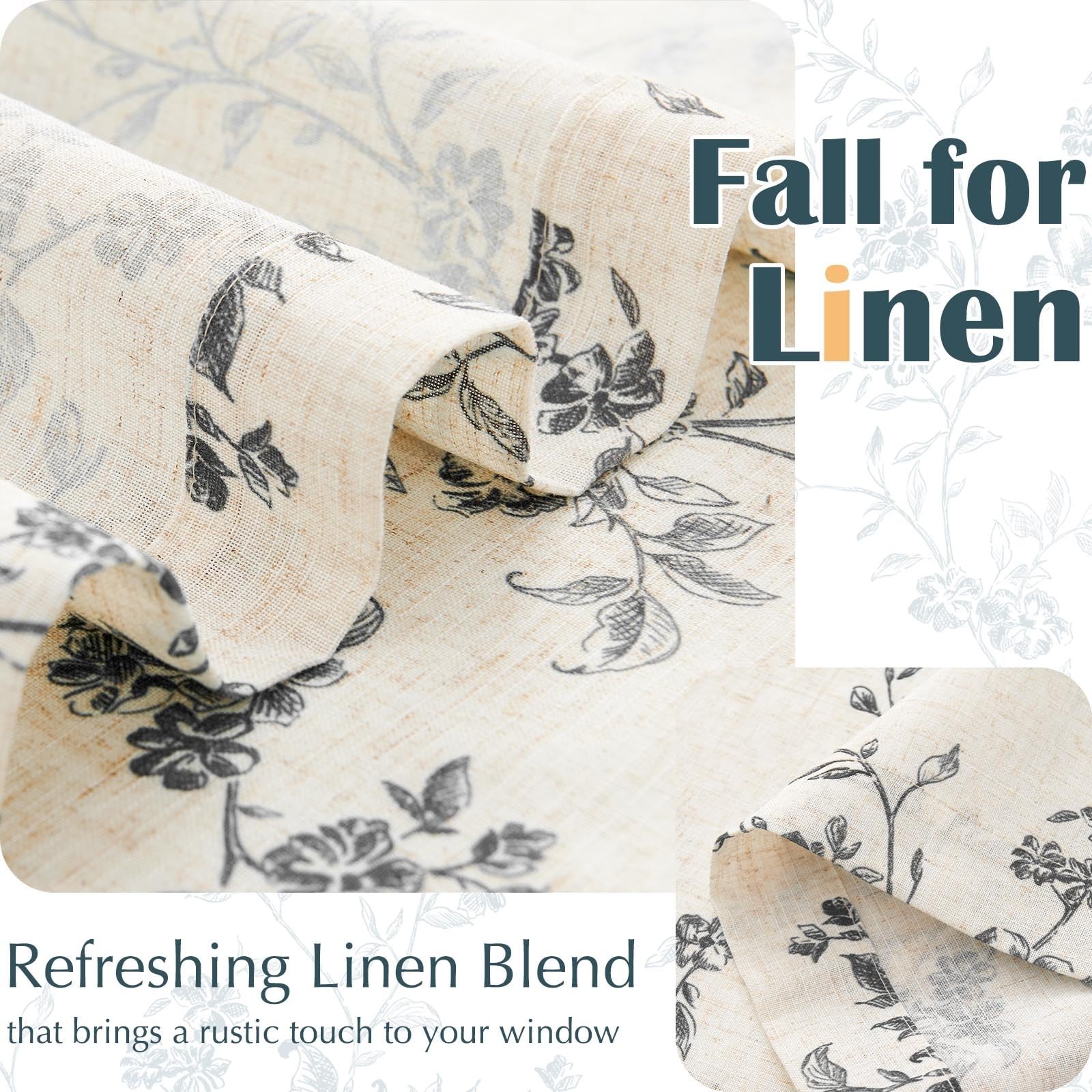 jinchan Floral Kitchen Curtains 26"W x 36"L (Pack of 2), Alisa Black on Linen