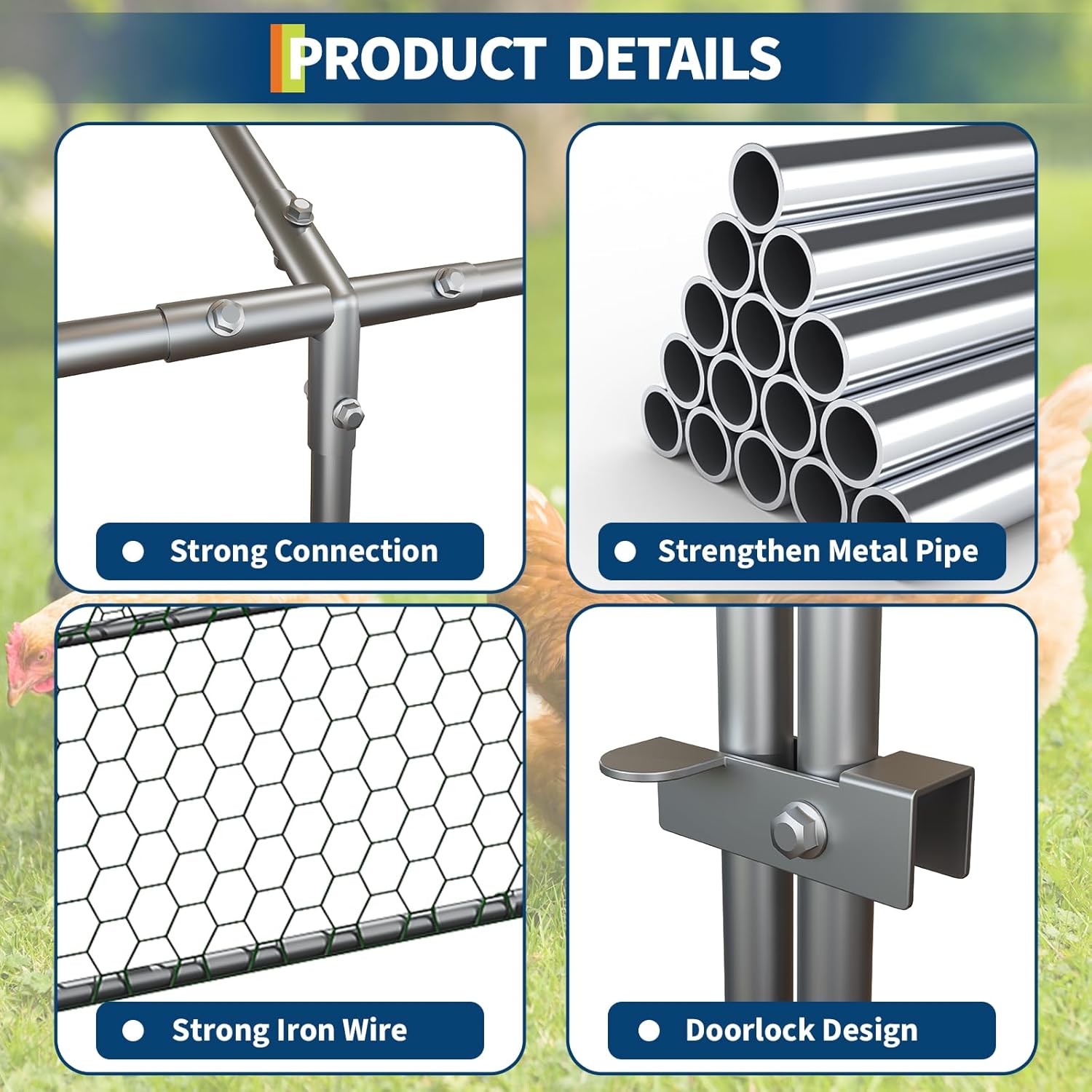 Metal Chicken Coop with Waterproof Cover & 3 Doors, Poultry Cage Outdoor, Silver