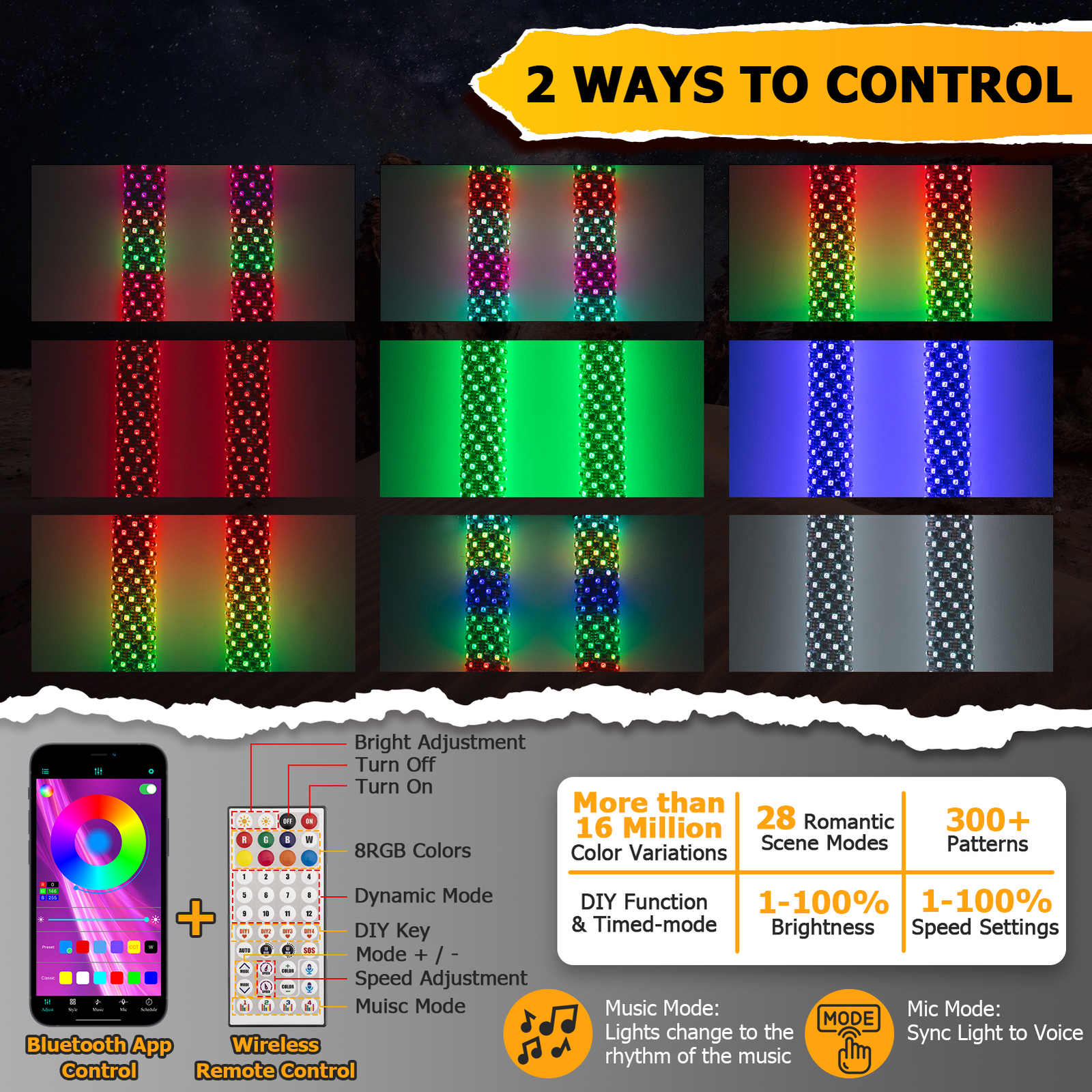 Pair 2FT Spiral LED Fat Whip Light Antenna RGB Chasing For Can-am X3 RZR UTV ATV