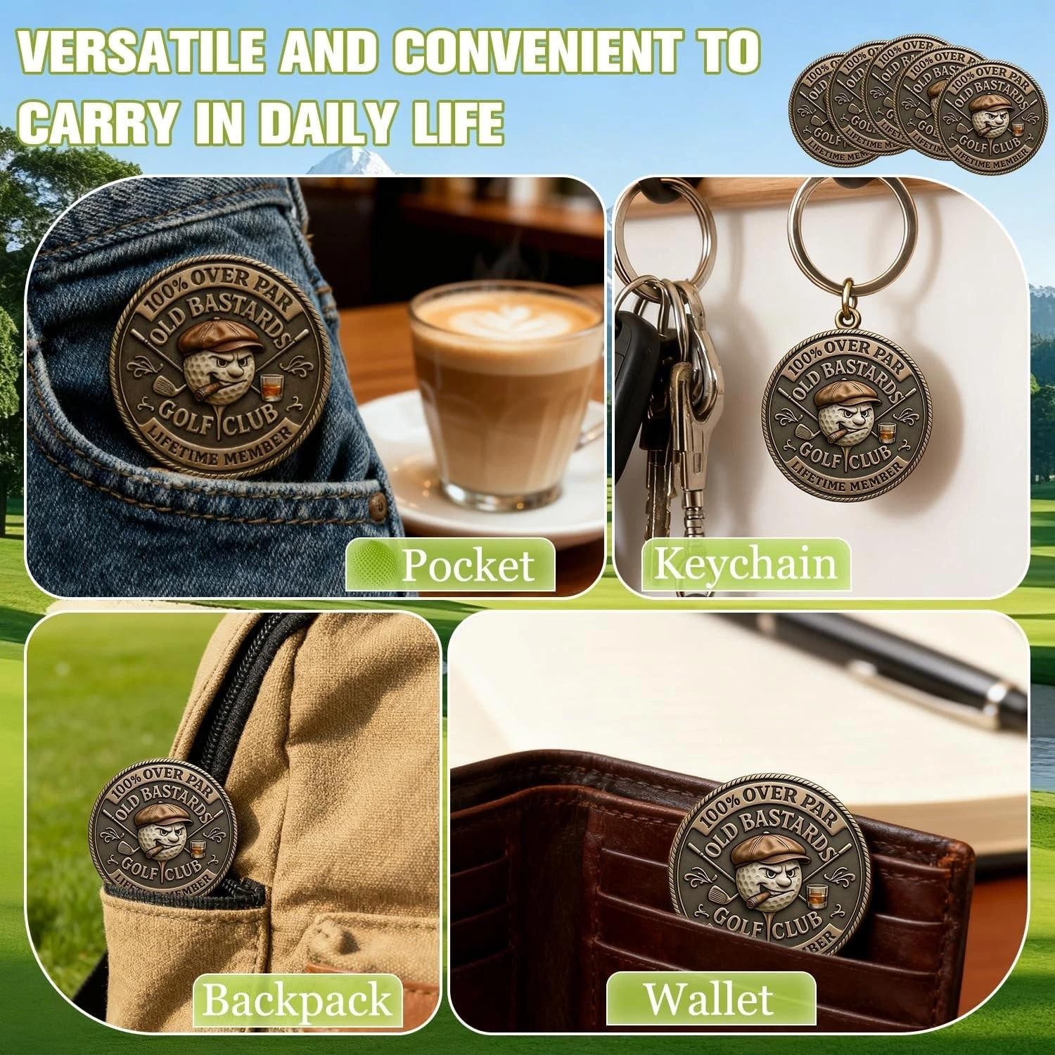 5 Pack Over Par Old Bastards Golf Coin, Golf Challenge Coin for Men with Whiskey